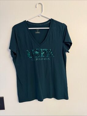 U.S. Polo Assn. Women's Dark Green V-Neck Sequin Logo Tee